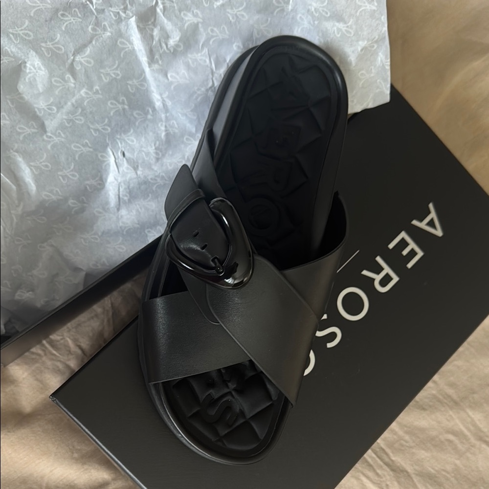 AEROSOLES Black Slide Sandals with Buckle